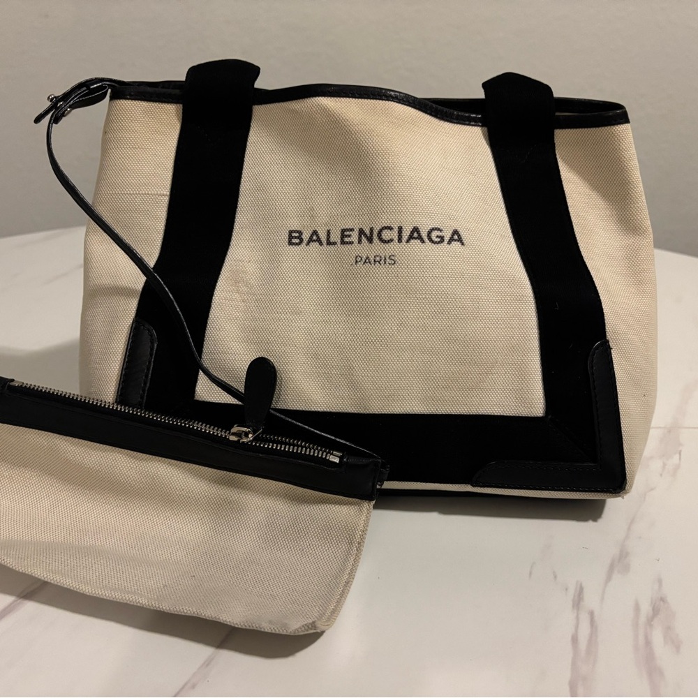Balenciaga Beige and Black Canvas Tote